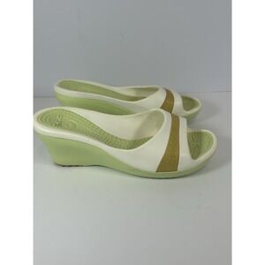 CROCS Gold/Lime Green Slip-On Open Toe Wedge Sandals Ladies Sz10   Spring Summer
